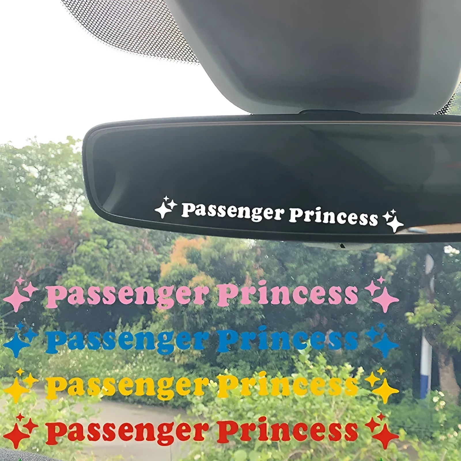 Passenger Princess rearview mirror decorative sticker in reflective colours, 12.5cm diameter