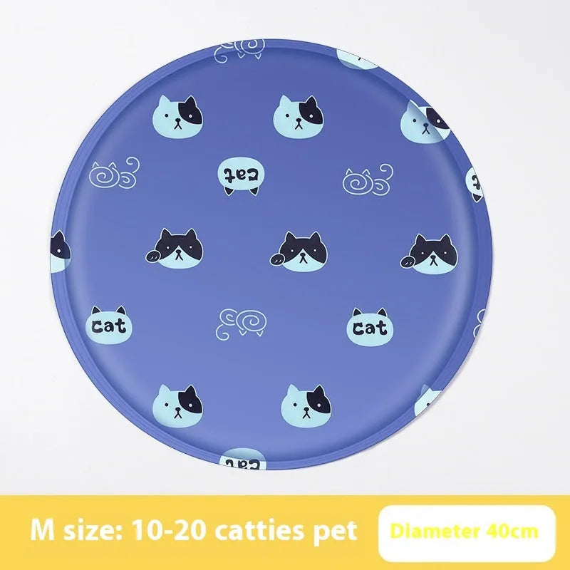 Round pet cooling mat with cartoon animal design showing blue polar bear pattern on cloth surface