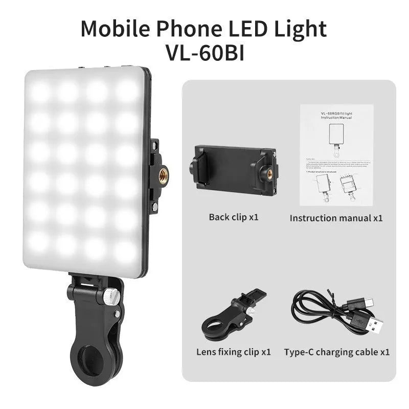 Compact pocket fill light with clip for mobile phone photography