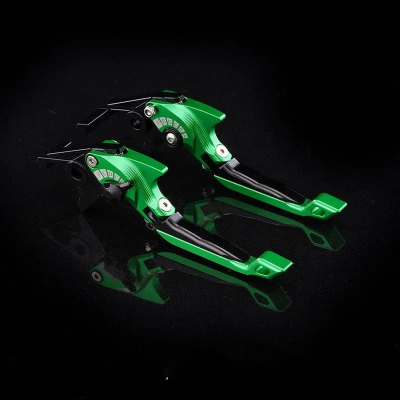 Pair of anodised metal motorcycle horn handle clutch levers with six-speed adjustable length, shown in a selection of colour finishes