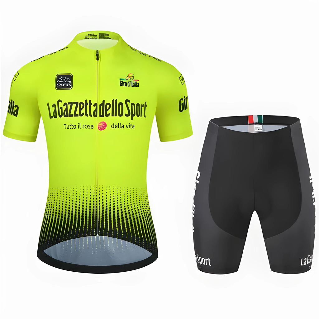 Unisex short sleeve cycling suit in row pattern design, made from quick-dry polyester fabric.