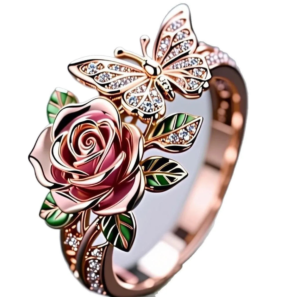 Alloy adjustable ring with oil-dipped butterfly and floral design in fairy style