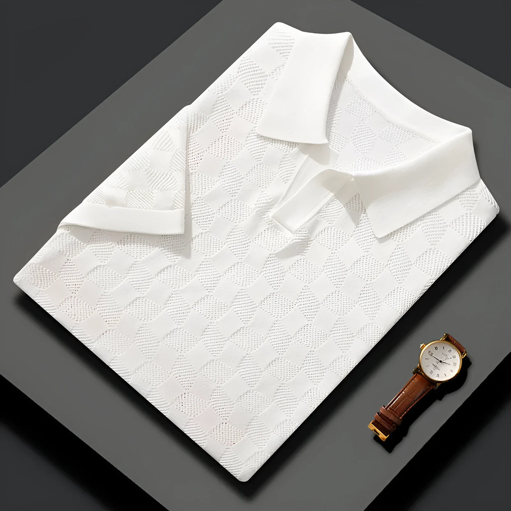 Men's mulberry silk short sleeve lapel sweater in a solid colour on a hanger.