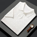 Men's mulberry silk short sleeve lapel sweater in a solid colour on a hanger.