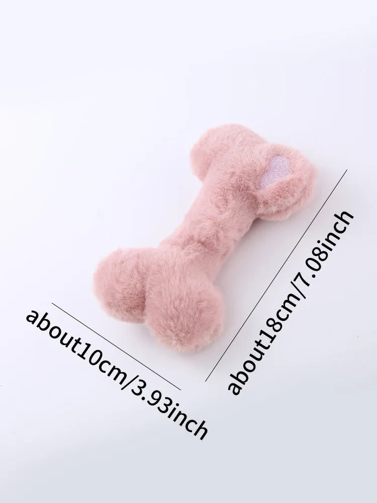 Blue plush love bone dog toy with a squeaker, shown next to pink and yellow versions.