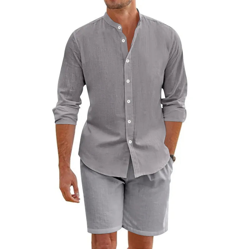 Men's light blue linen-blend short sleeve shirt and drawstring shorts summer suit set.