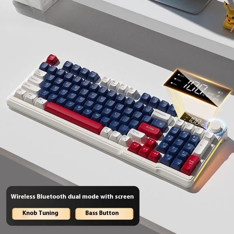 Wireless mechanical-feel keyboard and mouse in a two-tone colour option, showing Type-C cable and connectivity switches.