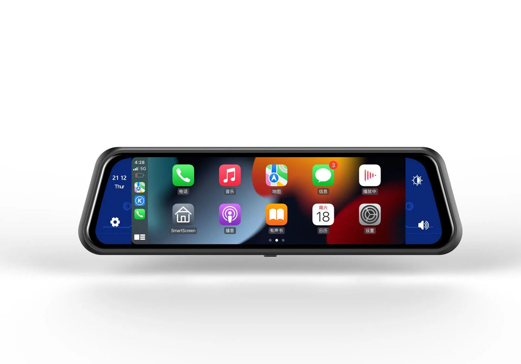 Black dual-lens driving recorder with 9.66-inch screen mounted on a car rearview mirror.