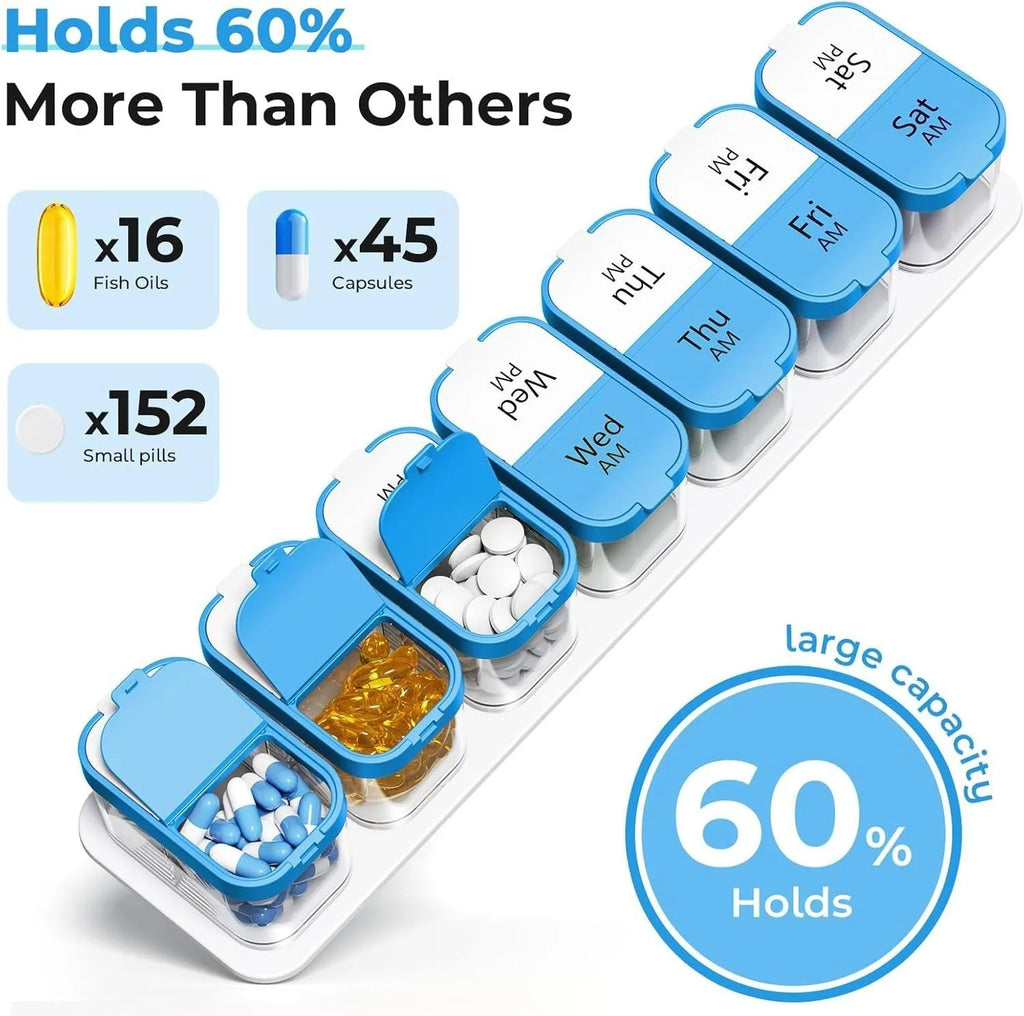 Large portable pill dispenser with 14 compartments showing disassembling function in white or rainbow colour