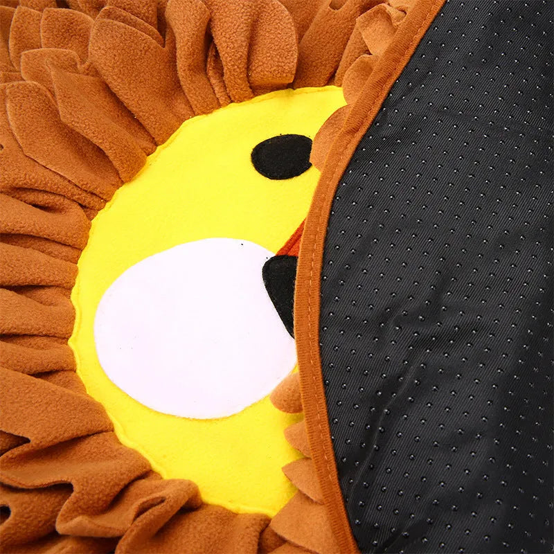 Brown pet snuffle mat with fabric folds for hiding treats, measuring 33cm by 25cm