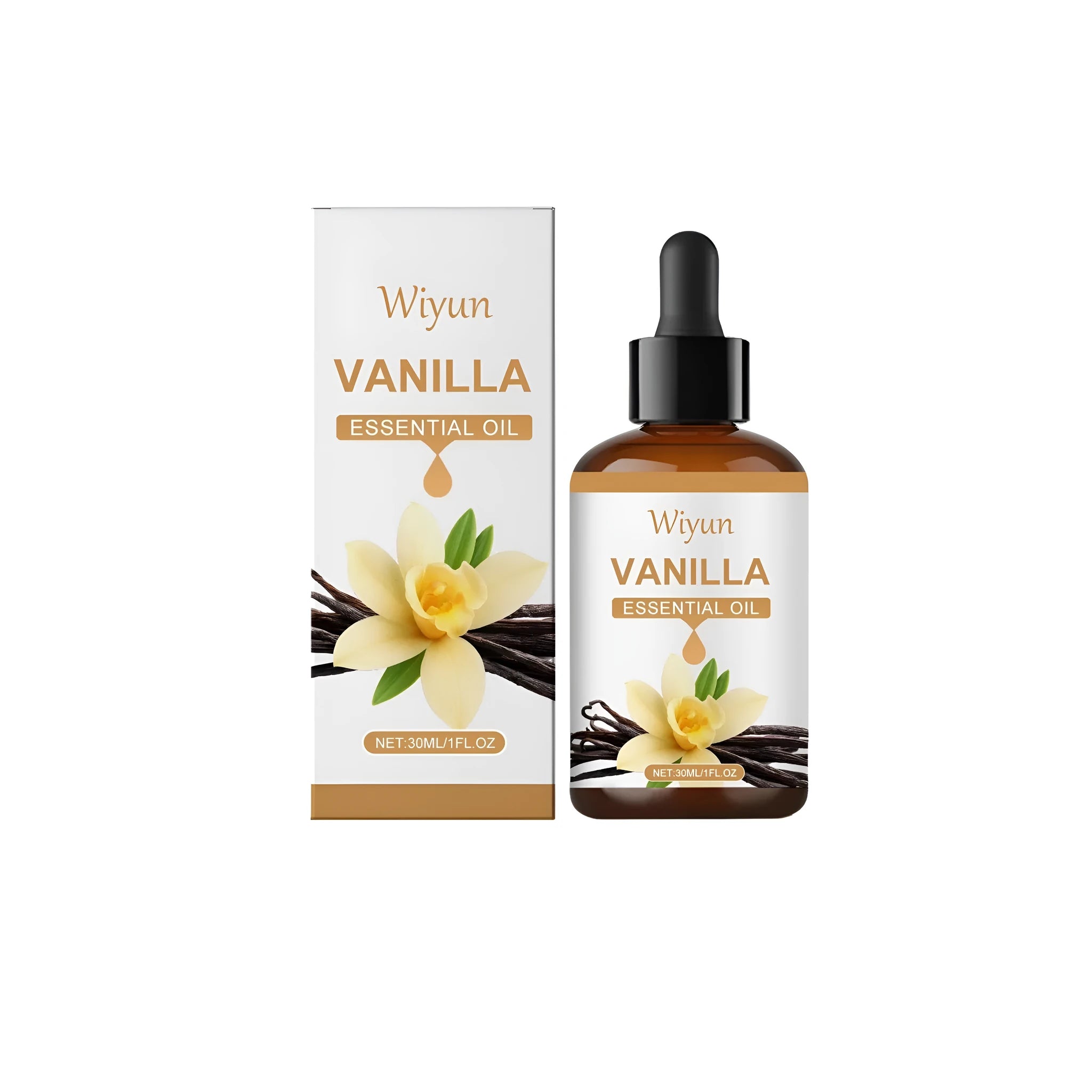 30ml glass bottle of vanilla flavoured oil with a vanilla oil, glycerin, and tocopherol ingredient list.