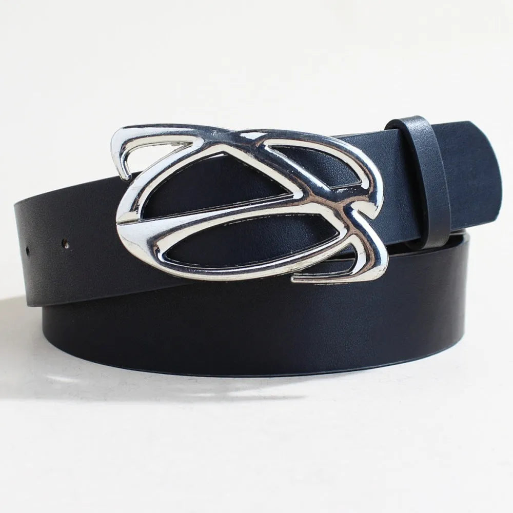 Casual silver buckle belt made from black PU leather with a 105cm length