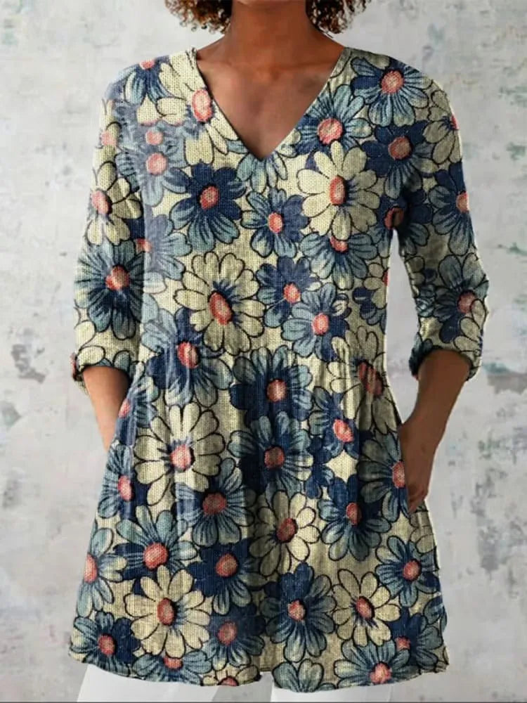 Women's slim-fit long-sleeved retro top with a digital print design on polyester fabric.
