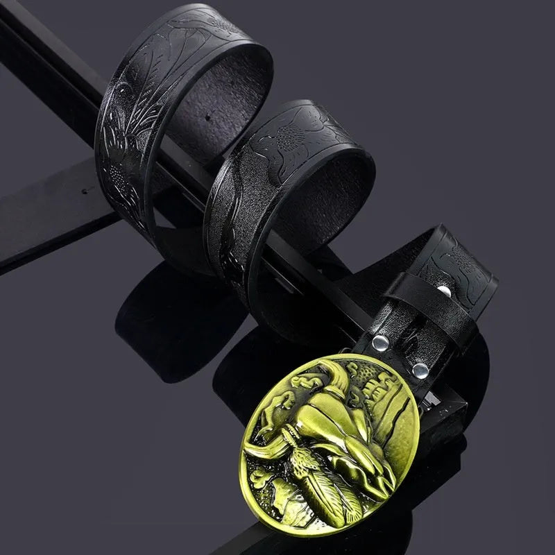 Men's brown leather-look belt with a detailed metal cow head buckle showing carved and embossed details.