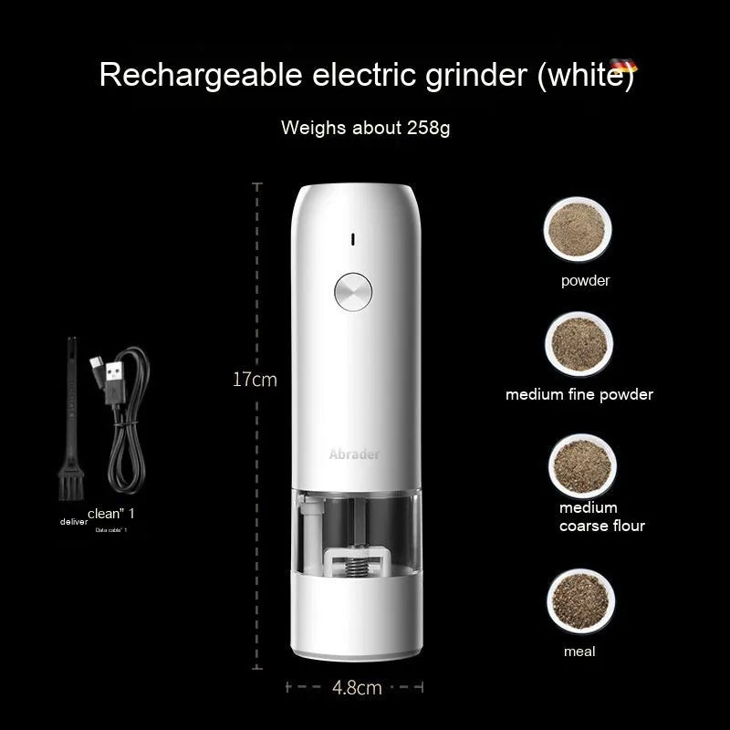 Rechargeable electric pepper and salt grinder set with USB cable, ceramic mechanism, and LED light in black and white
