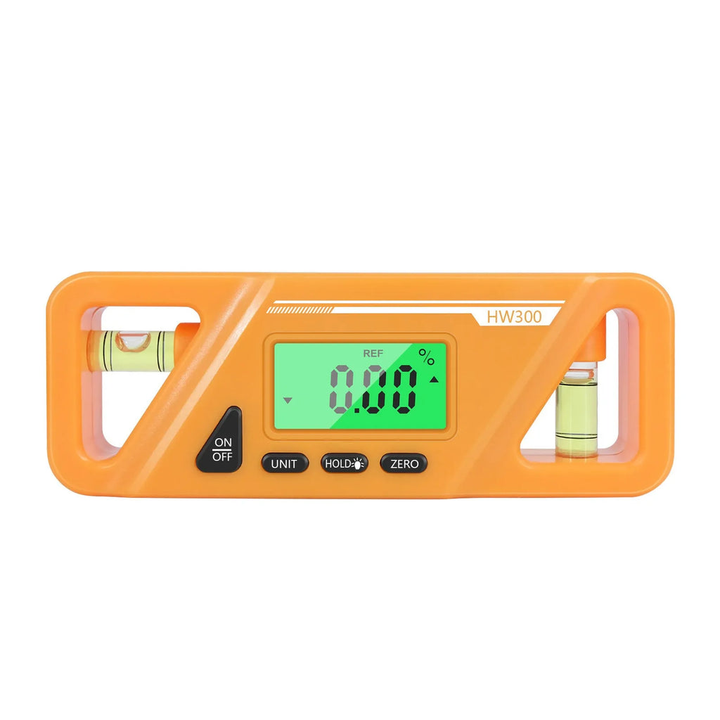 Digital inclinometer level meter with magnetic base showing angle measurement on display