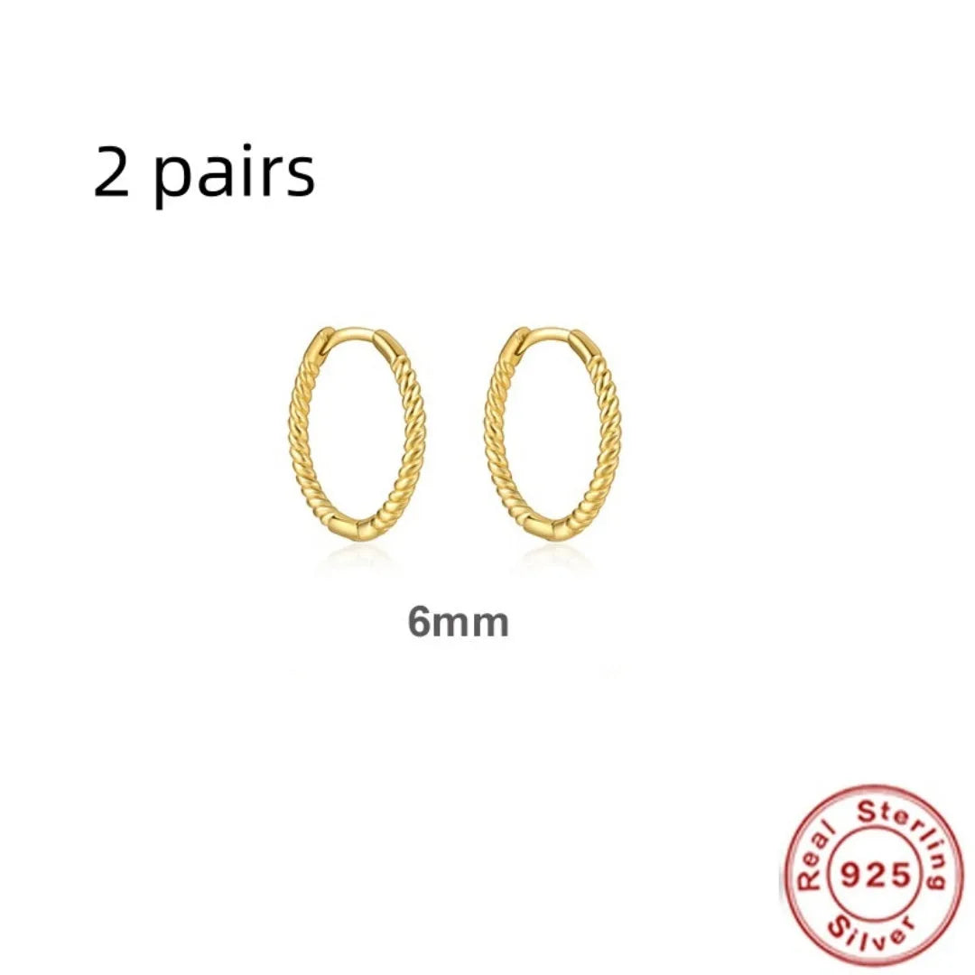 Sterling silver twisted string round ring earrings in gold or platinum colour with geometric hipster design