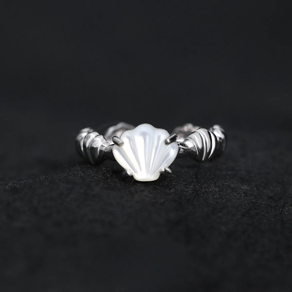 Women's adjustable silver ring with a shell tiger eye stone in white gold or gold colour.