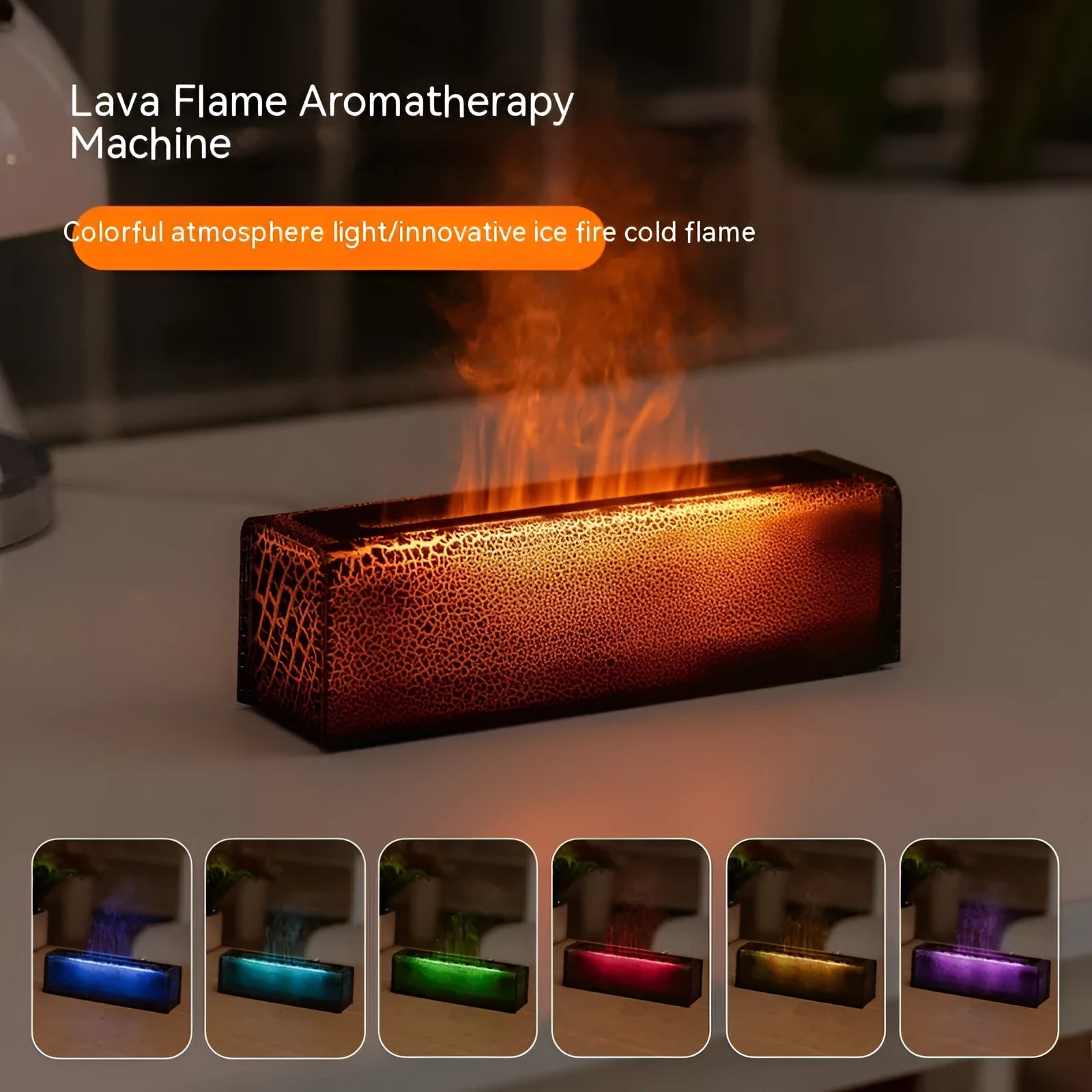 Square desktop humidifier with colourful lava lamp flame lighting effect and mist output
