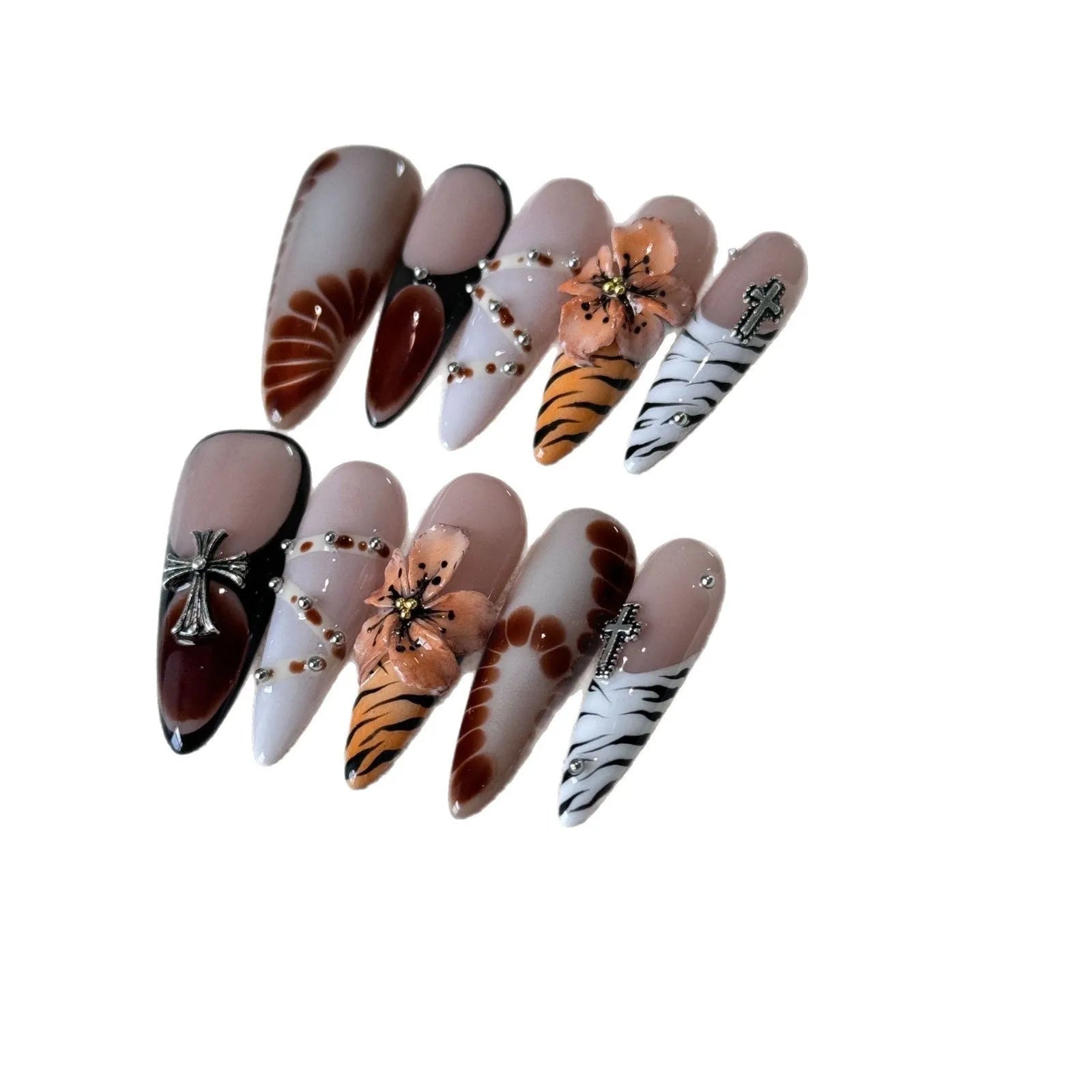 Handmade leopard print false nail stickers with cross and flower designs in sizes XS S M L