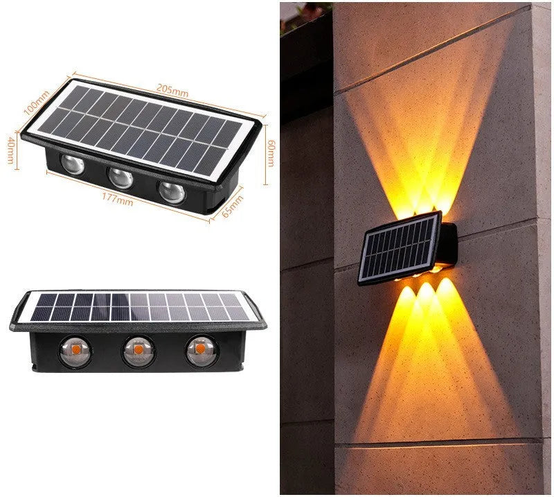 Solar outdoor wall light with 4 LED beads, ABS+PC housing, and glass polysilicon solar panel mounted on a brick wall