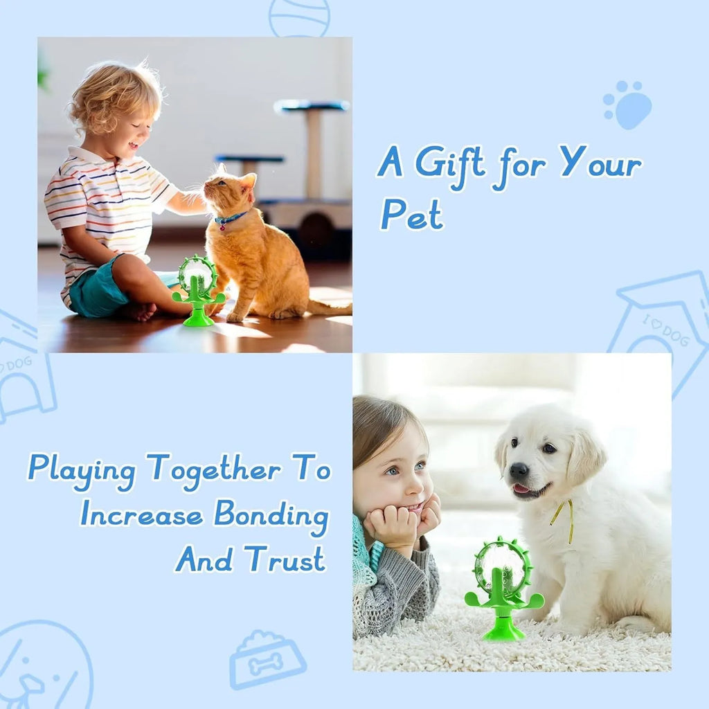 Blue interactive spinner puzzle toy for cats and dogs with suction base on a floor.