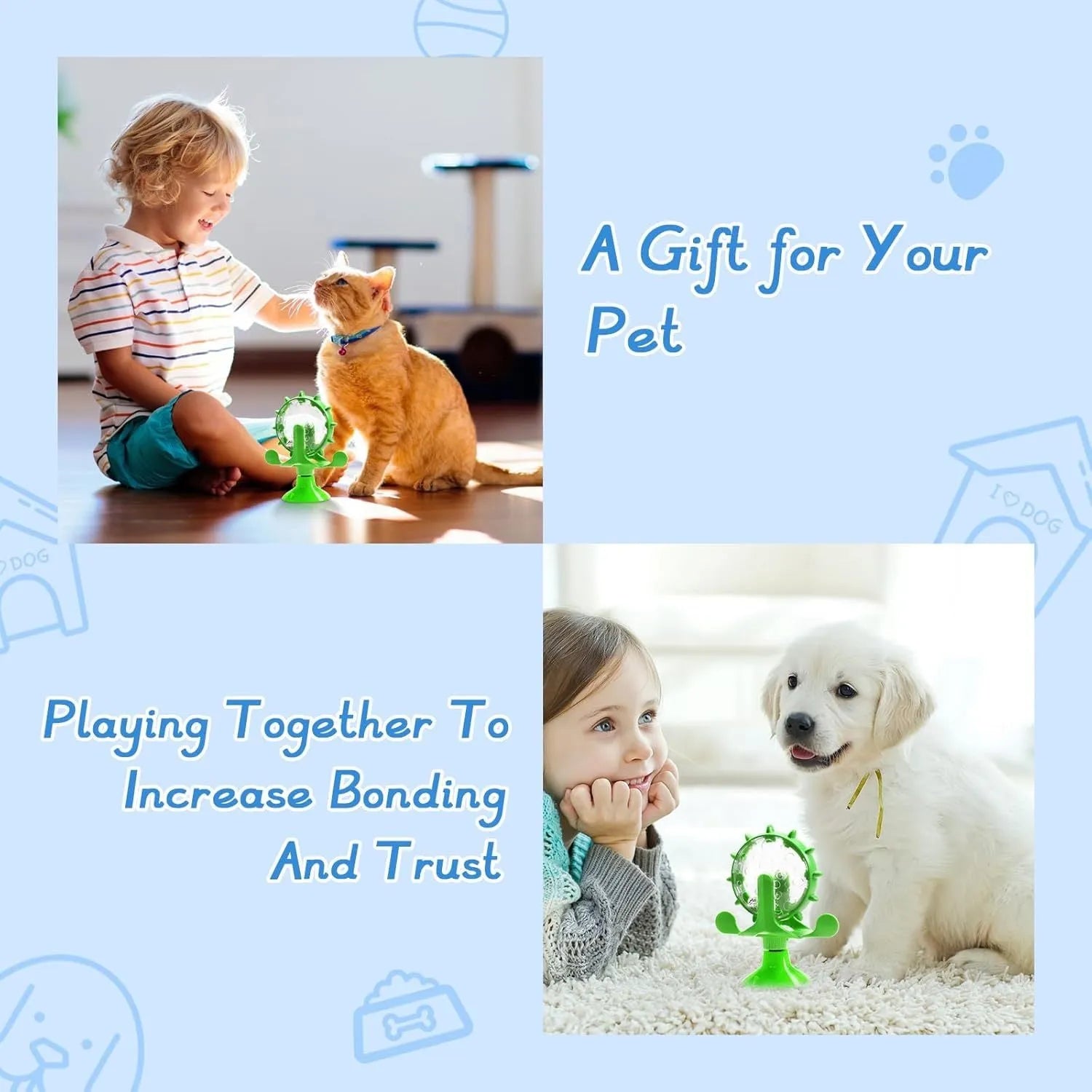 Blue interactive spinner puzzle toy for cats and dogs with suction base on a floor.