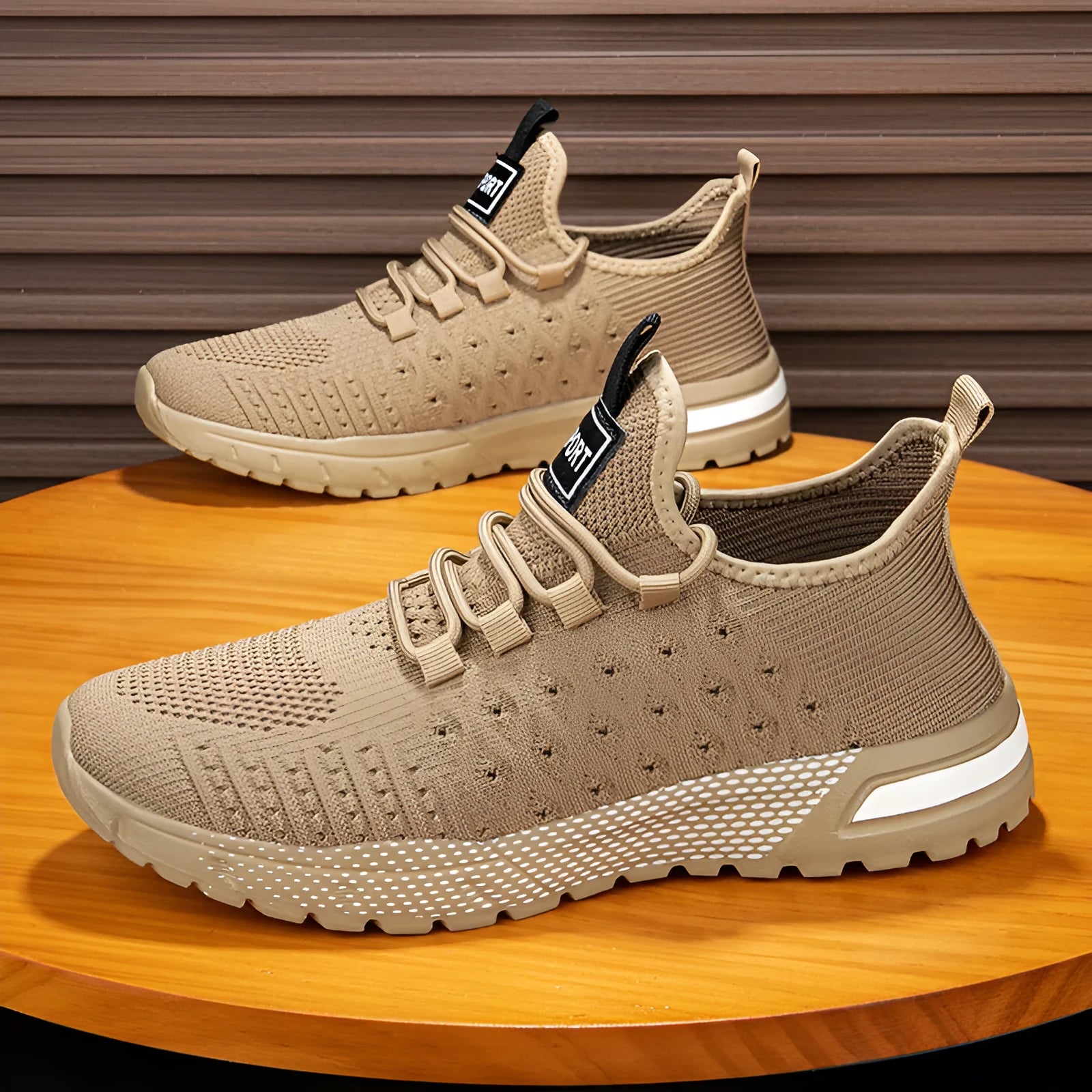 Men's solid colour casual shoes with mesh upper in army green, shown from side perspective.