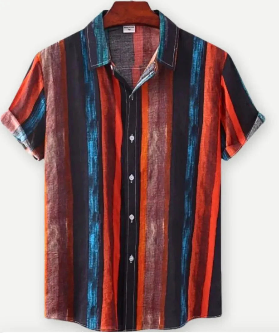 Hawaiian print short sleeve shirt with lapel collar showing floral digital printing on elastic polyester fabric