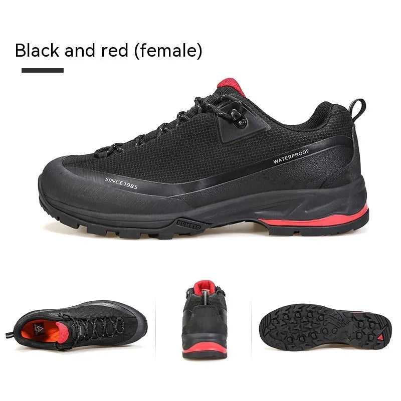 Men's low-top mountain climbing shoes in black with non-slip rubber outsole and lace-up design