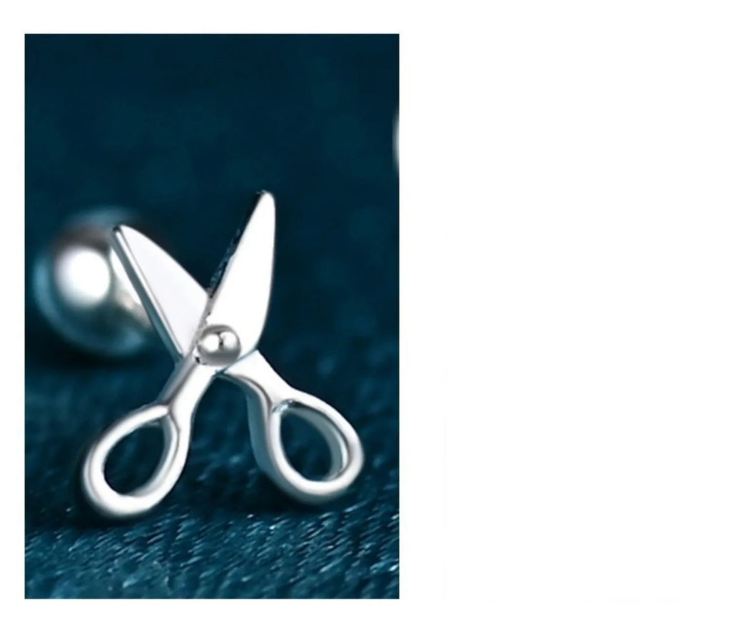 Silver screw-back ear nails with small scissors design for women's ear piercings