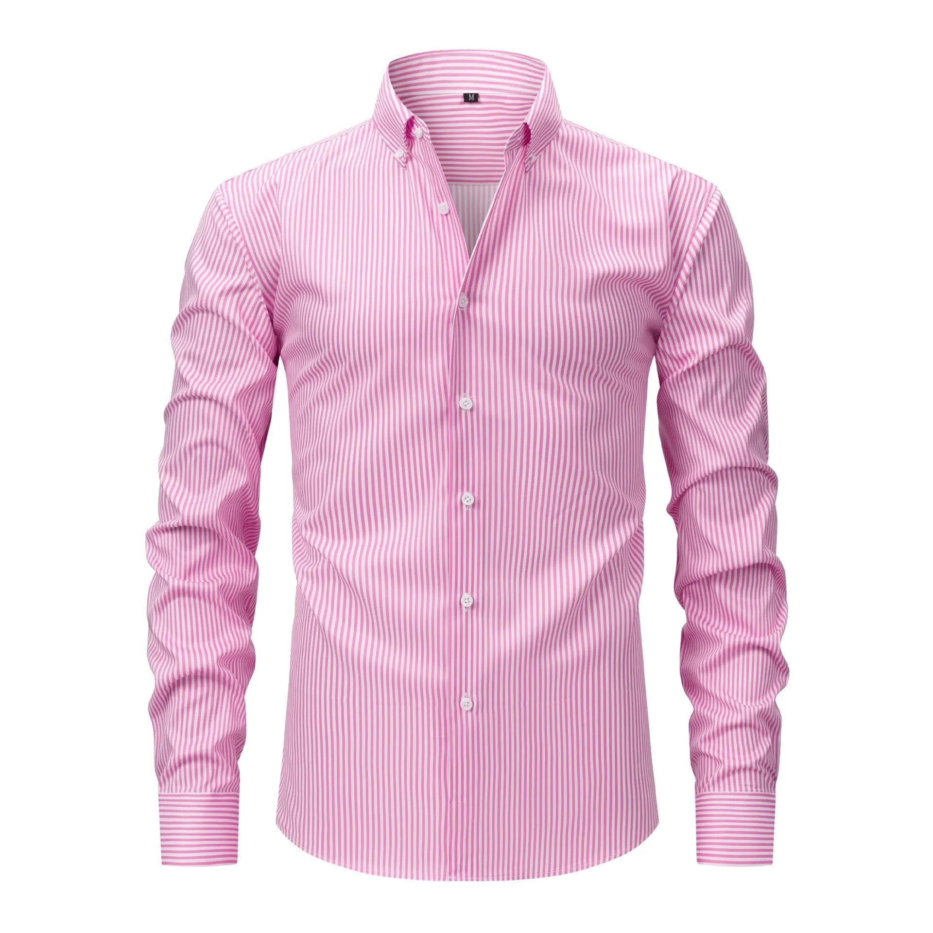 Man wearing a striped long-sleeved business shirt with a lapel collar in an anti-wrinkle fabric.
