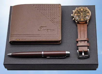 Brown leather wallet, ballpoint pen, and wristwatch set presented in a modern gift box