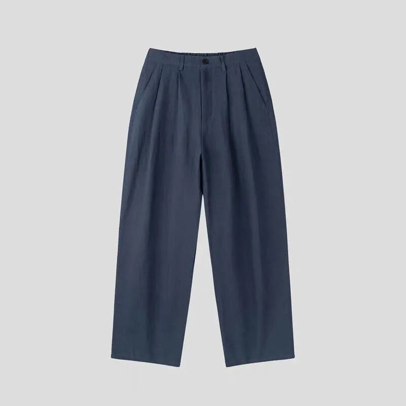 Men's apricot wide-leg cotton linen trousers with micro-elastic waist and pencil leg opening