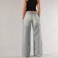 Loose fit straight wide leg cotton mop trousers in blue colour showing low waist and splicing detail