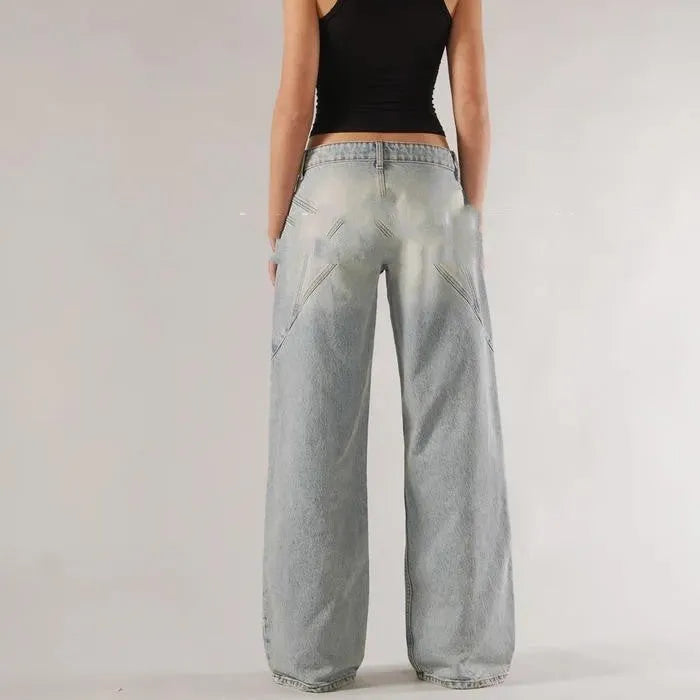 Loose fit straight wide leg cotton mop trousers in blue colour showing low waist and splicing detail
