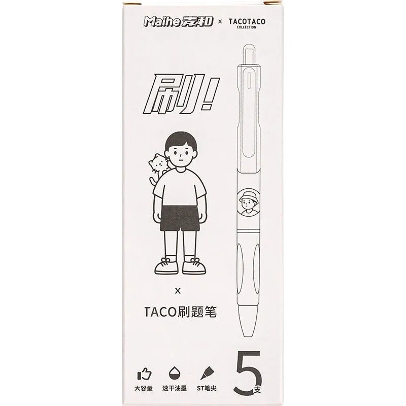 Five black 0.5mm ballpoint pens with plastic shells for student and office use