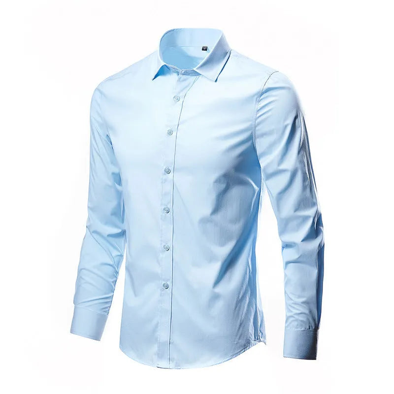 Man wearing a linen long sleeve slim fit shirt in a choice of 18 colours, showing the relaxed fit and sleeve detail.