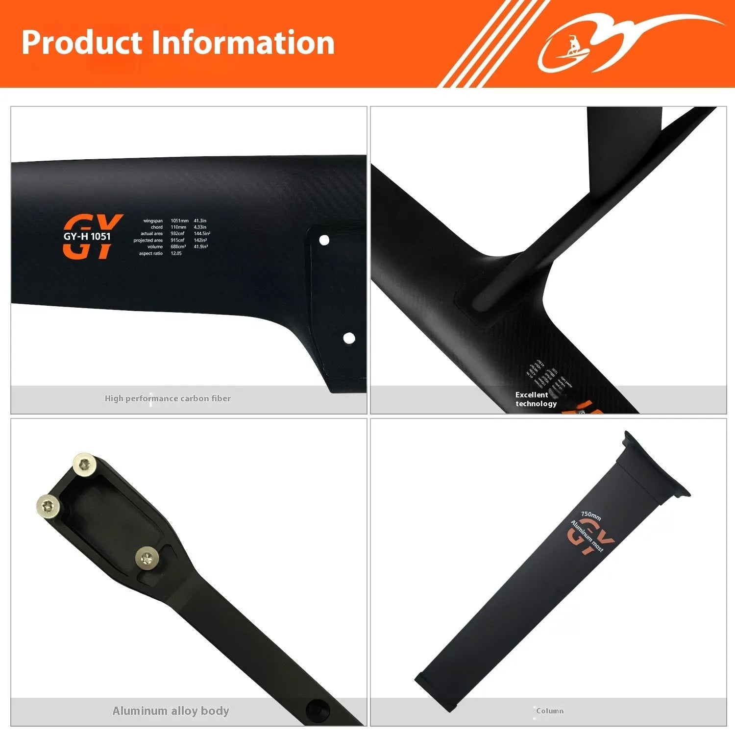 Black carbon fibre hydrofoil surfboard with aluminium alloy components for racing performance