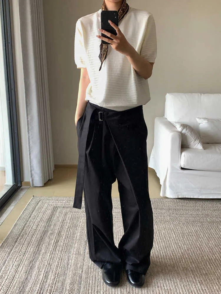 Black women's straight-leg trousers with single pleat front and adjustable waistband