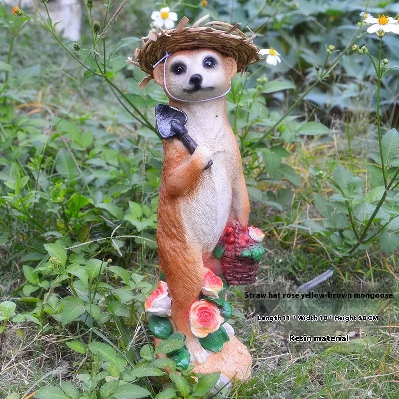 Straw hat mongoose garden ornament crafted from synthetic resin in three colour variations