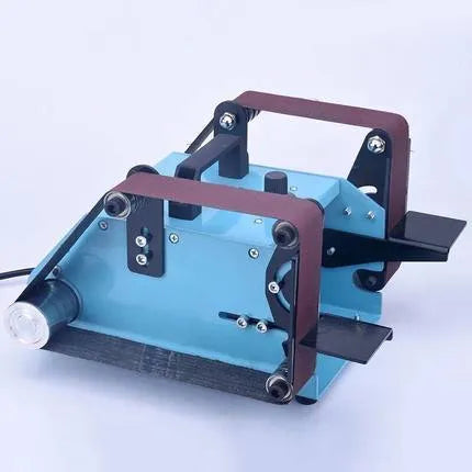 Blue desktop dual-axis belt sander with abrasive belt for knife sharpening