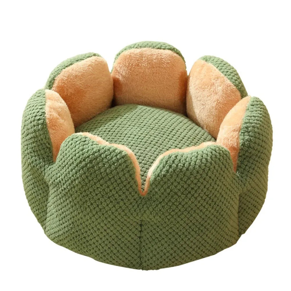 Green cactus petal shape plush pet bed for cats and dogs on hardwood floor