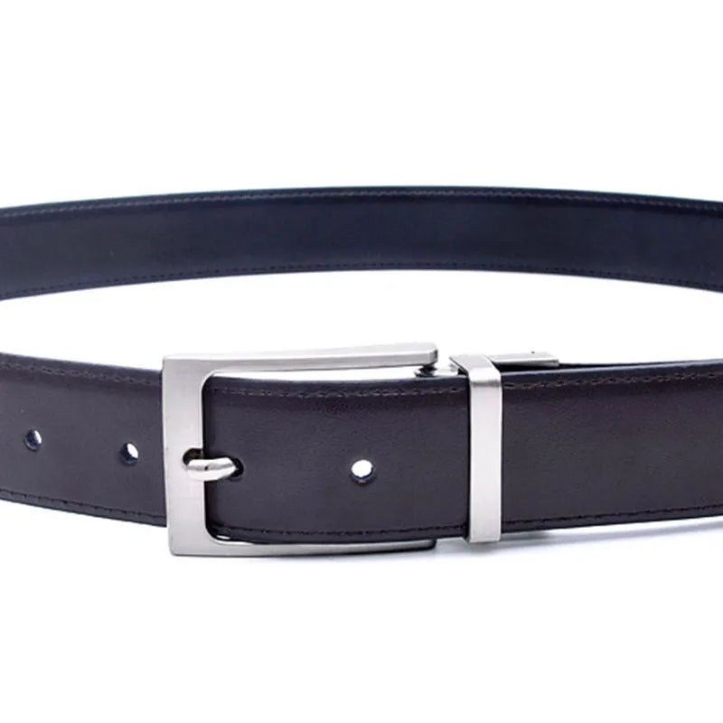 Men's rotating pin buckle leather belt in dark brown with genuine leather strap