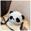 Plush panda head crossbody bag with cylindrical shape measuring 18cm wide