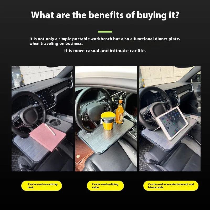Black foldable car steering wheel tray with laptop and drink cup holder deployed