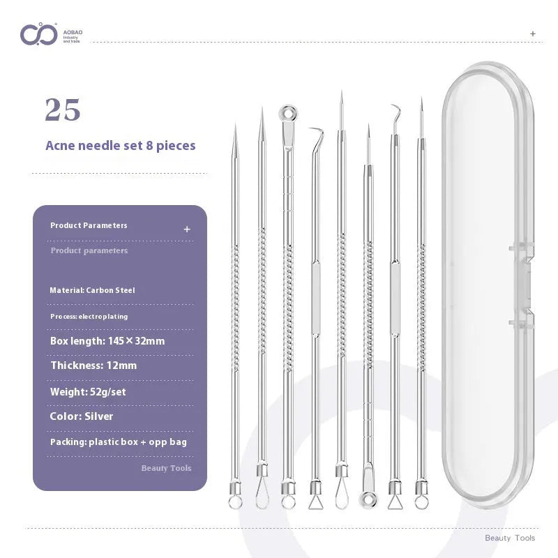 Four silver metal acne needles with pointed tips for skincare extraction.