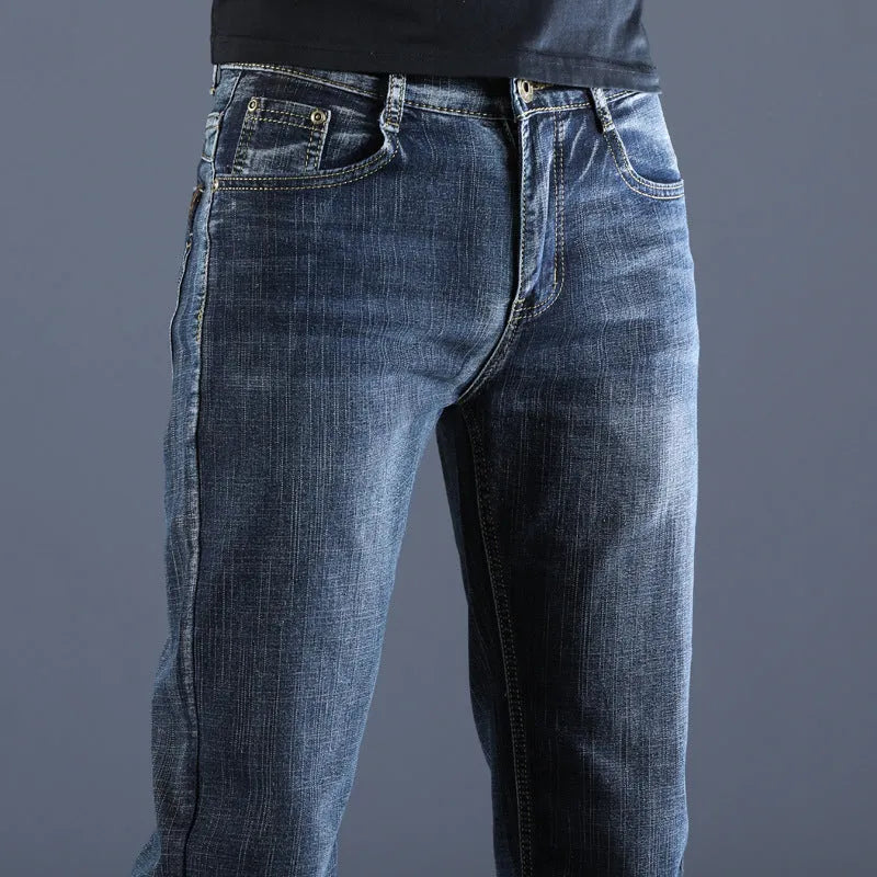 Summer thin men's cotton straight slim stretch casual trousers in 816 blue with mid waist