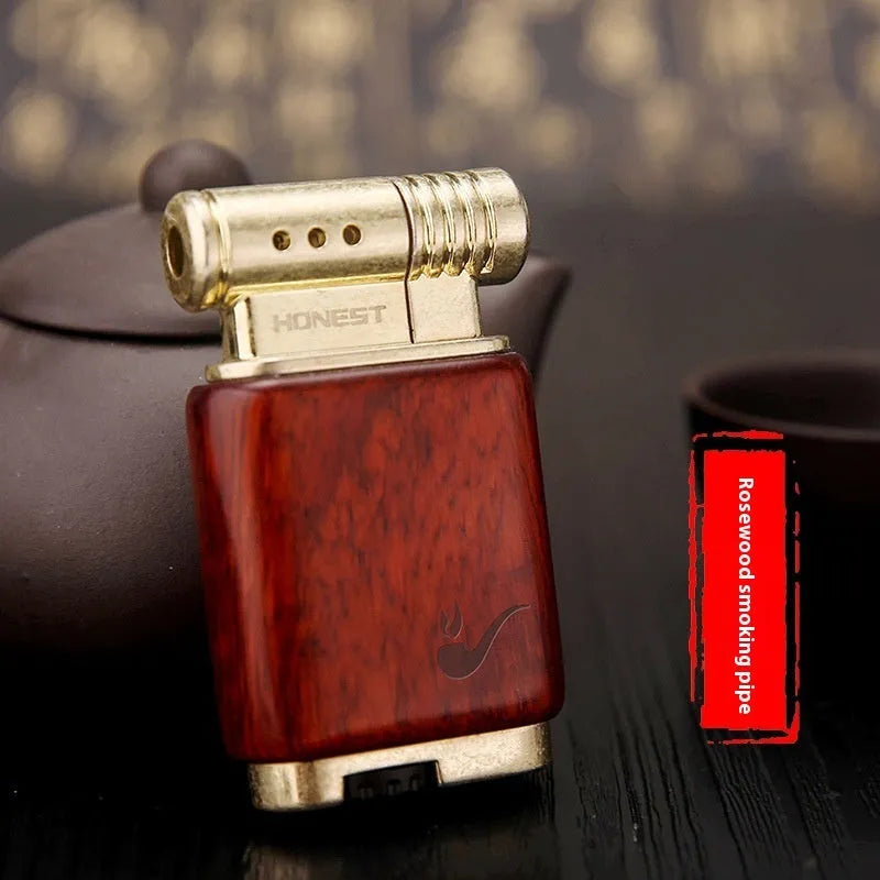 Decorative gas lighter with wood finish options including black wood, rosewood, and red wood styles