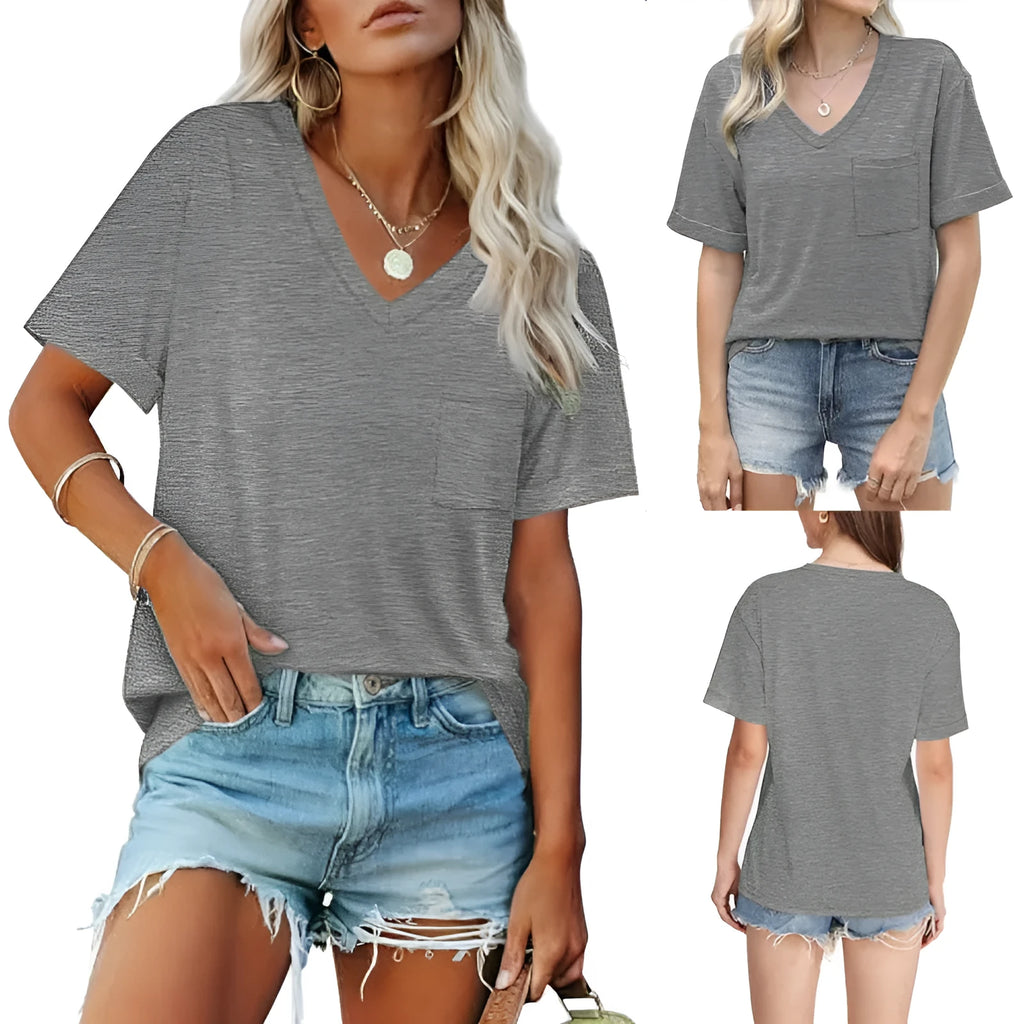 Grey loose fit V-neck T-shirt with chest pocket and short sleeves